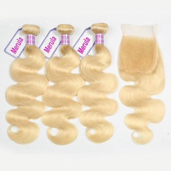 3 bundles with closure Blonde color 613 Body wave human hair HD transparent lace single knots Saving more Paypal accepted