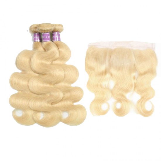 3 bundles with lace frontal Blonde 613 Body wave Virgin human hair HD transparent lace Hot selling Saving more