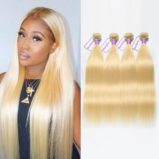 4 bundles with frontal Blonde 613 silky straight Virgin human hair weft HD transparent lace Tiny small knots