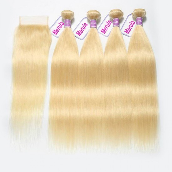 4 bundles with closure soft straight blonde 613 Brazilian Hair Weaves transparent lace preplucked line Fedex DHL fast shipping