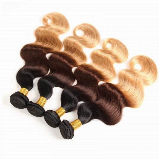 1B/4/27 three tone honey blonde wavy 3 bundles human hair extensions No spilt ends