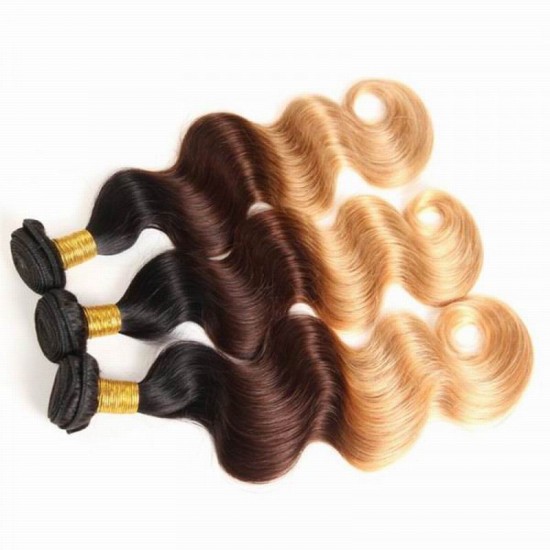 1B/4/27 three tone honey blonde wavy 3 bundles human hair extensions No spilt ends