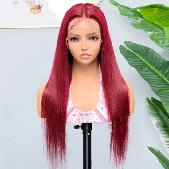 99j burgundy color long beautiful frontal wig 100% virgin human hairs no mixture no synthetic HD transparent lace 