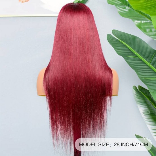 99j burgundy color long beautiful frontal wig 100% virgin human hairs no mixture no synthetic HD transparent lace 